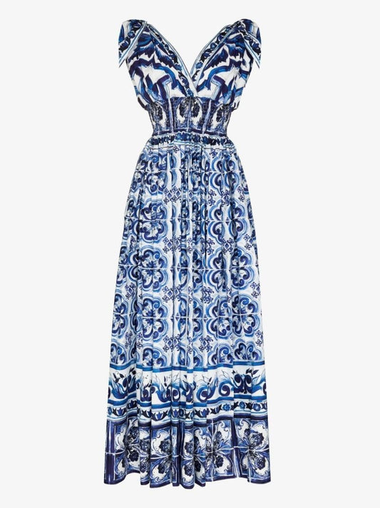 Blue Majolica Print Cotton Maxi Dress
