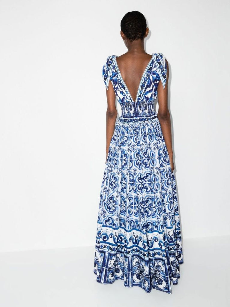 Blue Majolica Print Cotton Maxi Dress