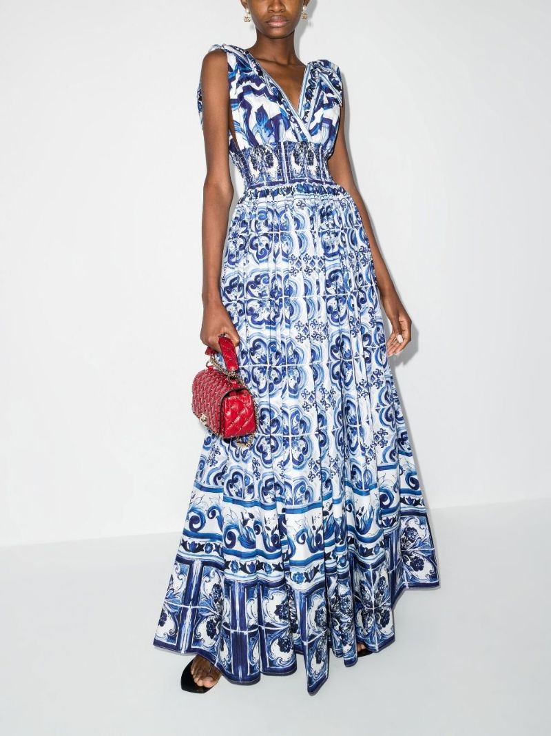 Blue Majolica Print Cotton Maxi Dress
