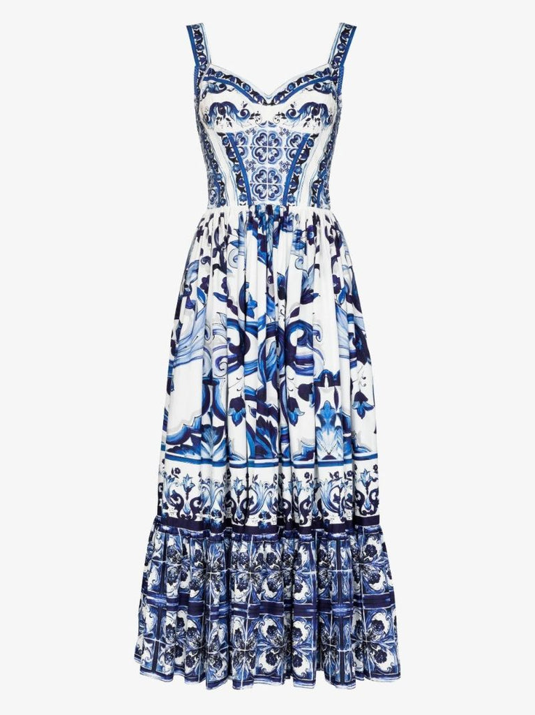 White Majolica Print Cotton Midi Dress