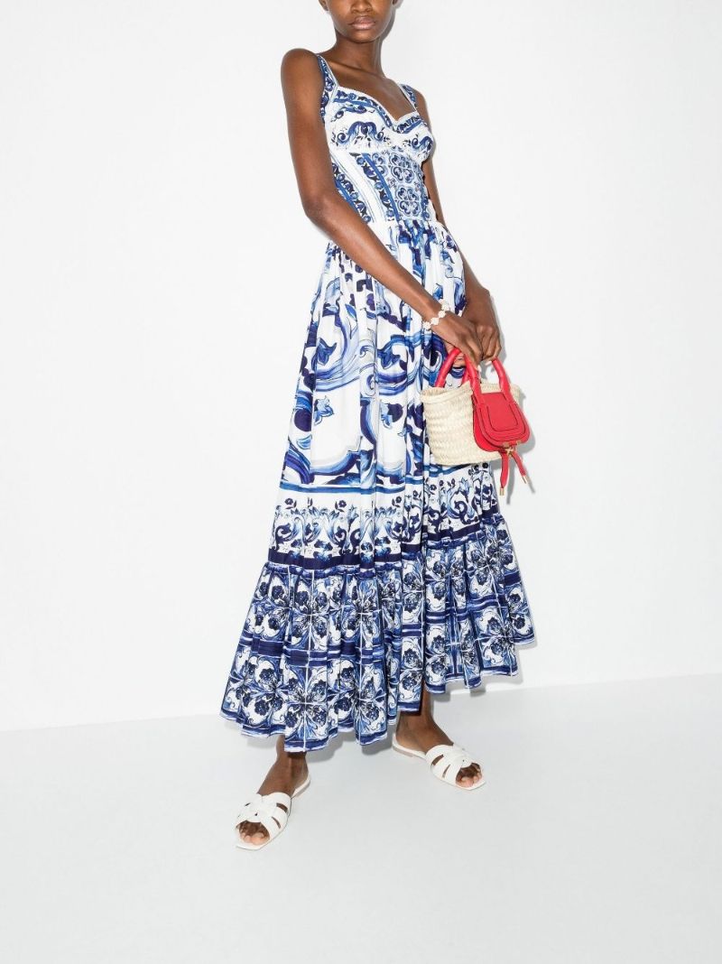 White Majolica Print Cotton Midi Dress