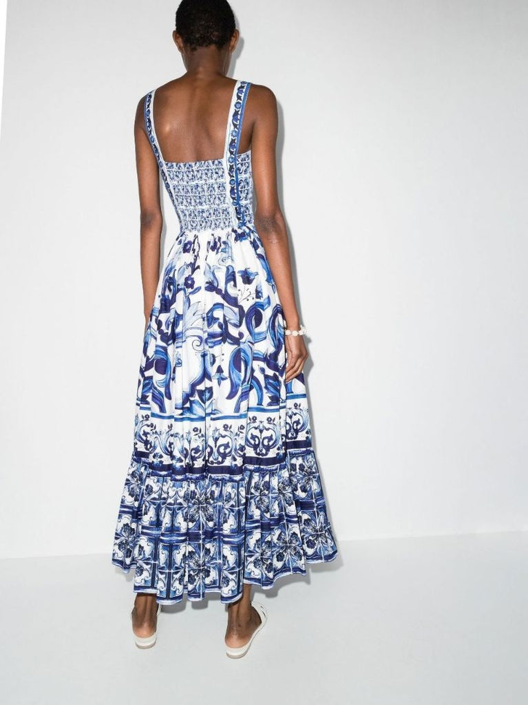 White Majolica Print Cotton Midi Dress