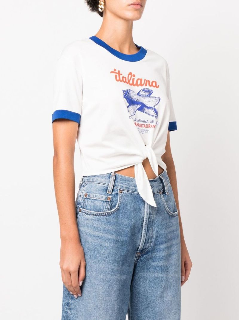 White Printed Cropped Cotton T-shirt