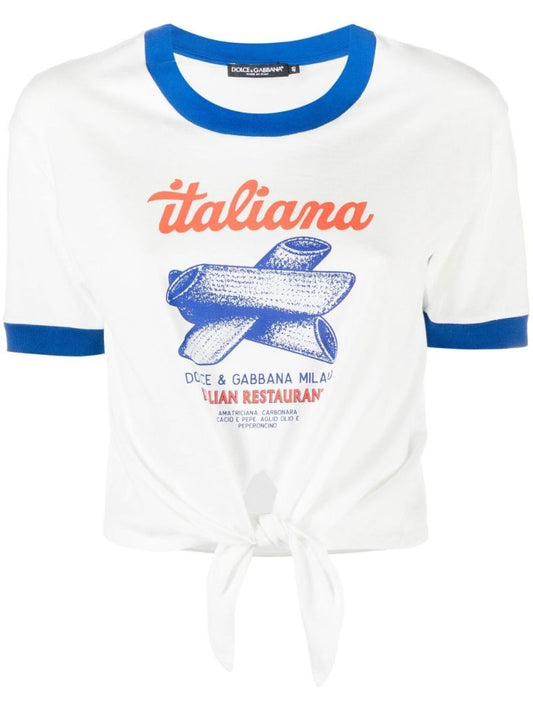 White Printed Cropped Cotton T-shirt
