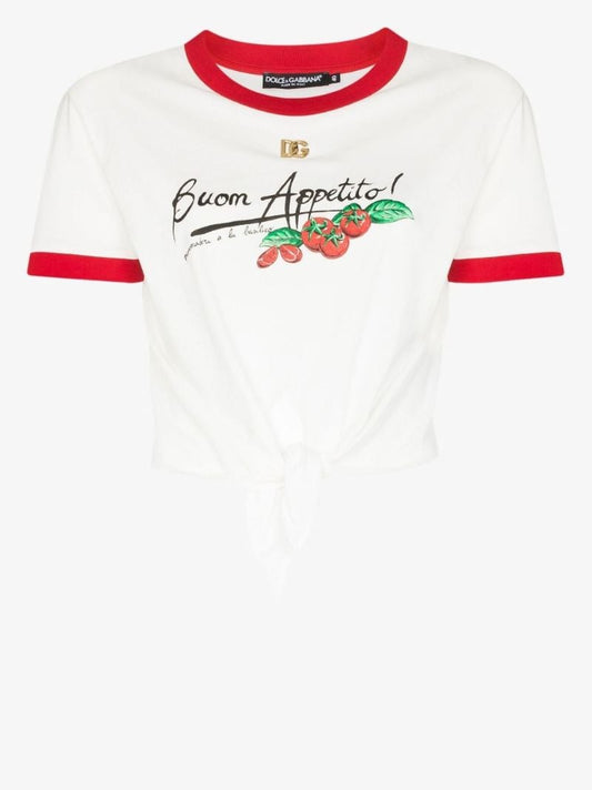 White Buon Appetito Cropped Cotton T-shirt