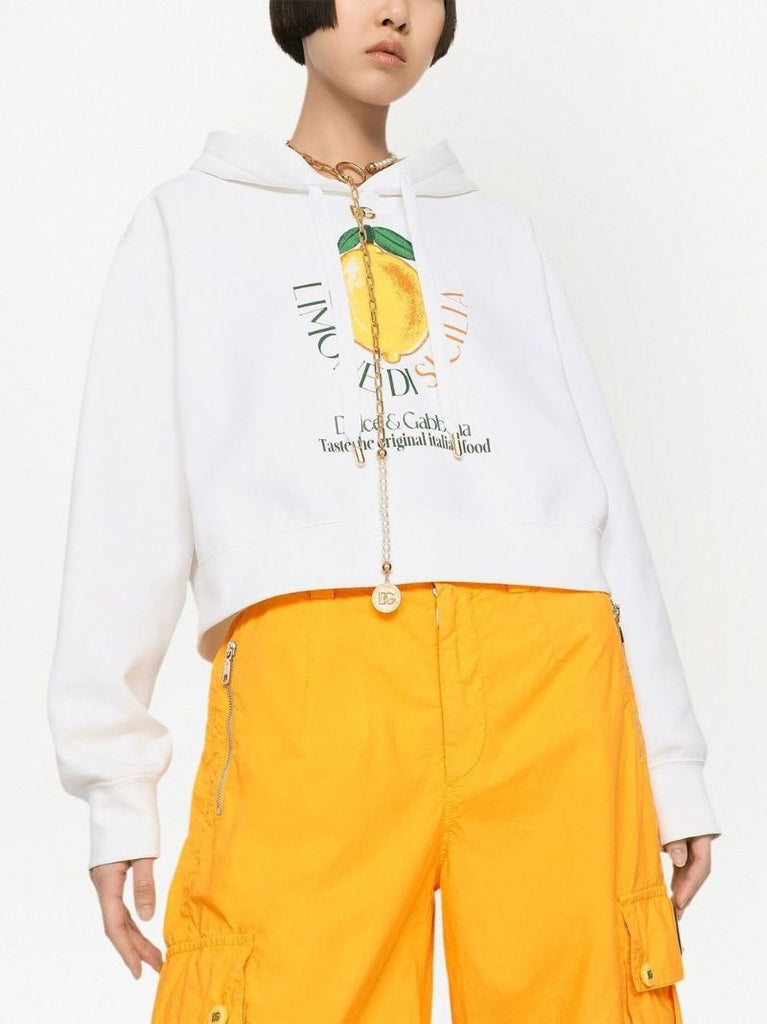 White Graphic Print Cotton Hoodie