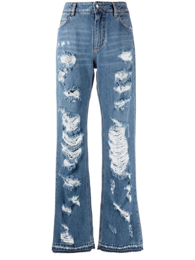 Blue Distressed Wide-leg Jeans