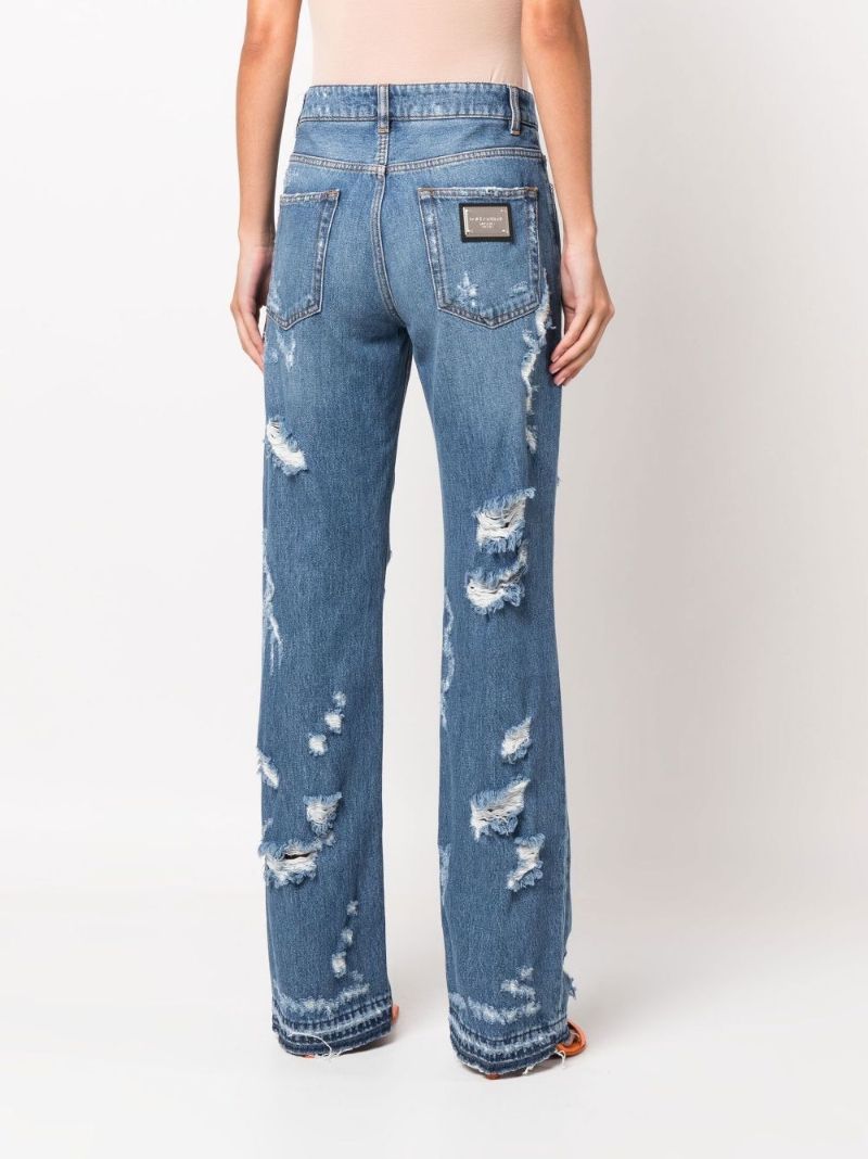Blue Distressed Wide-leg Jeans