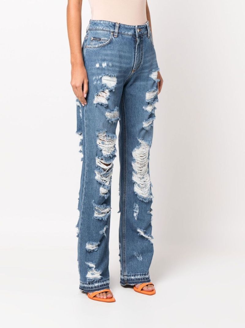 Blue Distressed Wide-leg Jeans