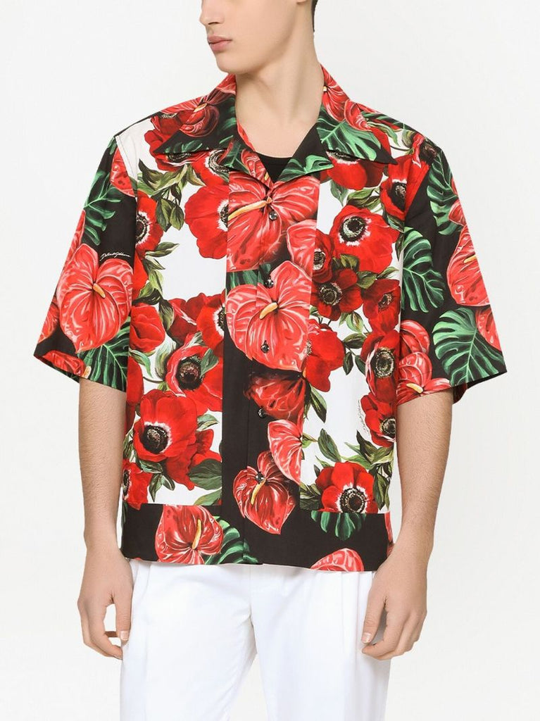 Black Floral Print Hawaiian Cotton Shirt
