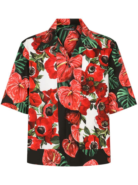 Black Floral Print Hawaiian Cotton Shirt