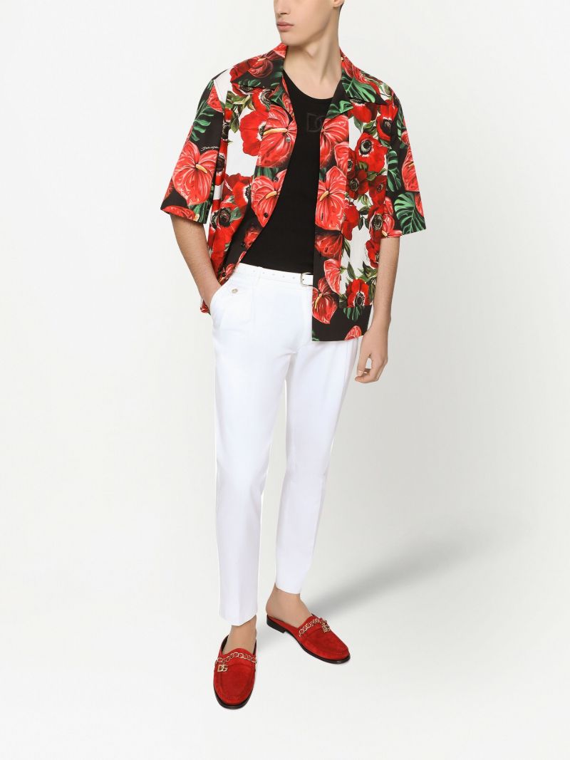 Black Floral Print Hawaiian Cotton Shirt