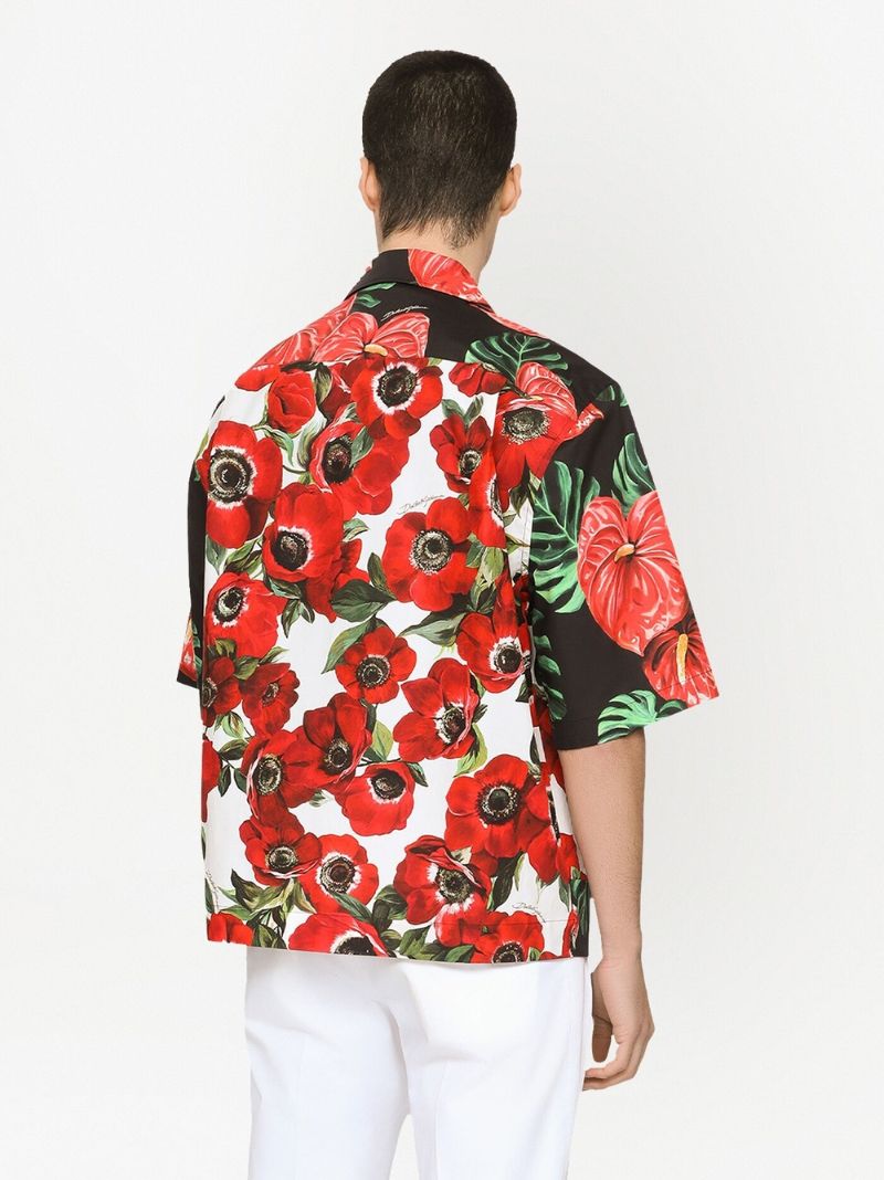 Black Floral Print Hawaiian Cotton Shirt