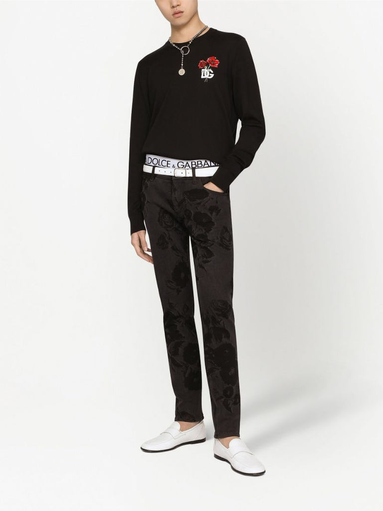 Black Dg Flower Embroidery Wool Sweater