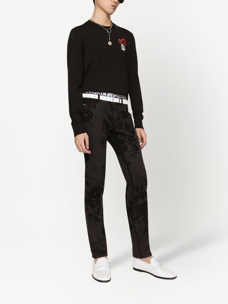 Black Dg Flower Embroidery Wool Sweater