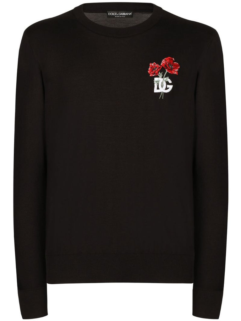 Black Dg Flower Embroidery Wool Sweater