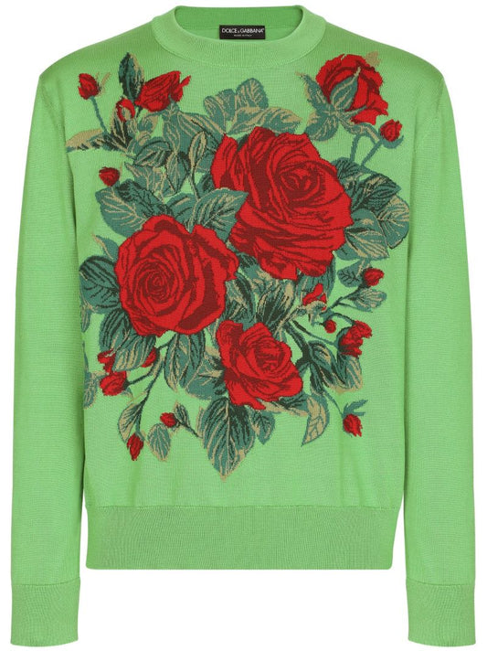 Green Floral-jacquard Silk Sweater