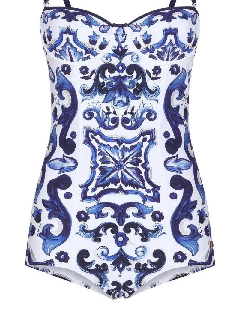 Blue and White Majolica Printed Swimsuit