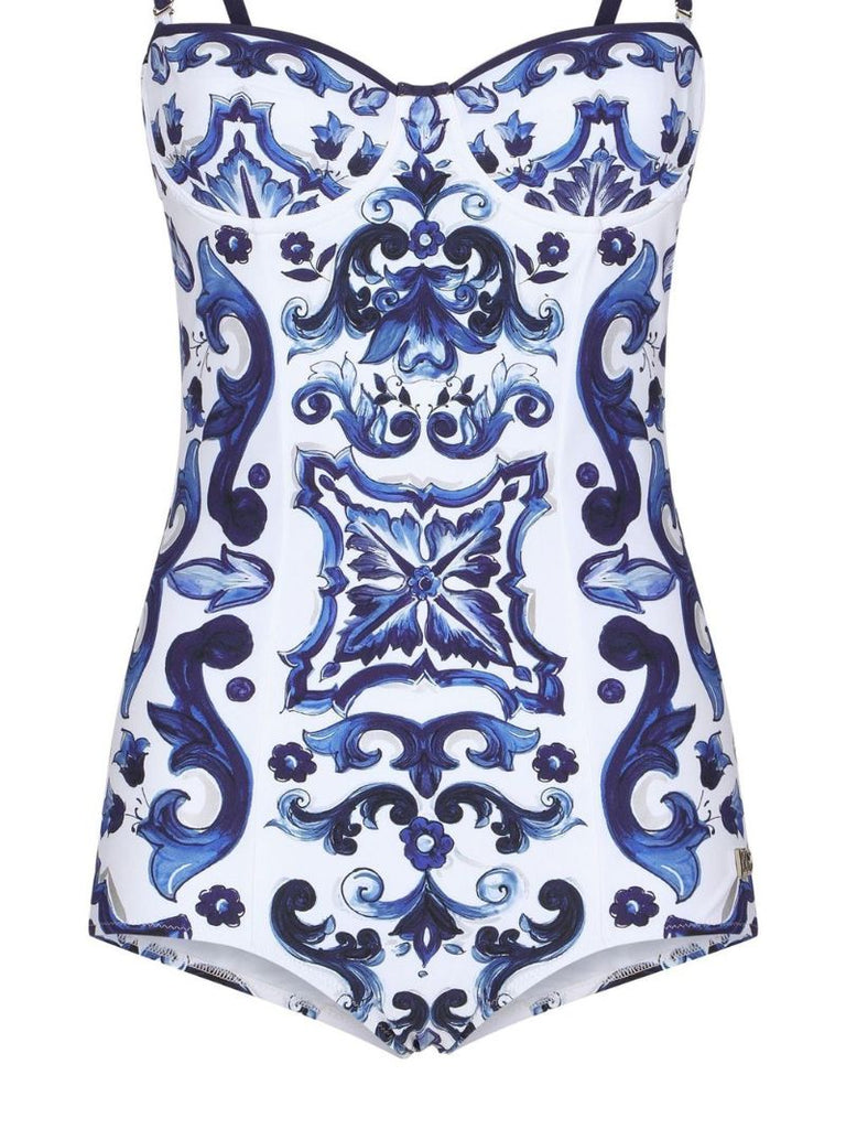 Blue and White Majolica Printed Swimsuit