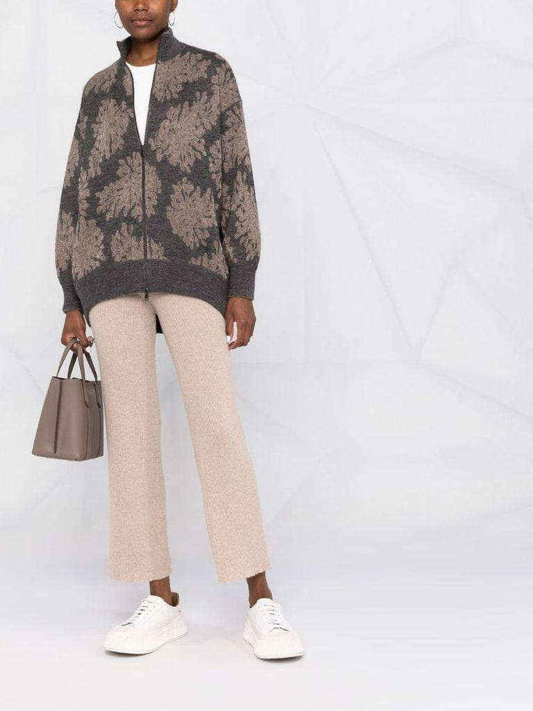 Grey Jacquard Knit Zip-up Sweater
