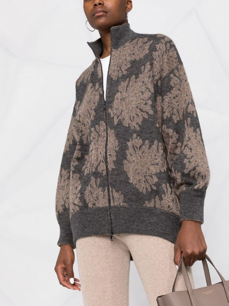Grey Jacquard Knit Zip-up Sweater