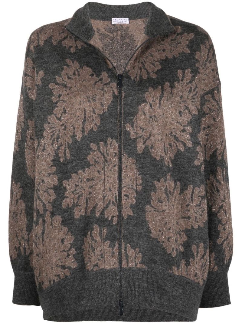 Grey Jacquard Knit Zip-up Sweater