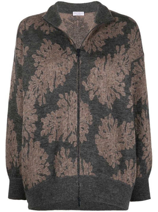 Grey Jacquard Knit Zip-up Sweater