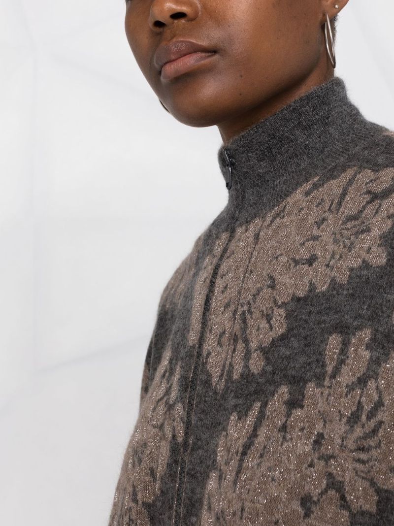 Grey Jacquard Knit Zip-up Sweater