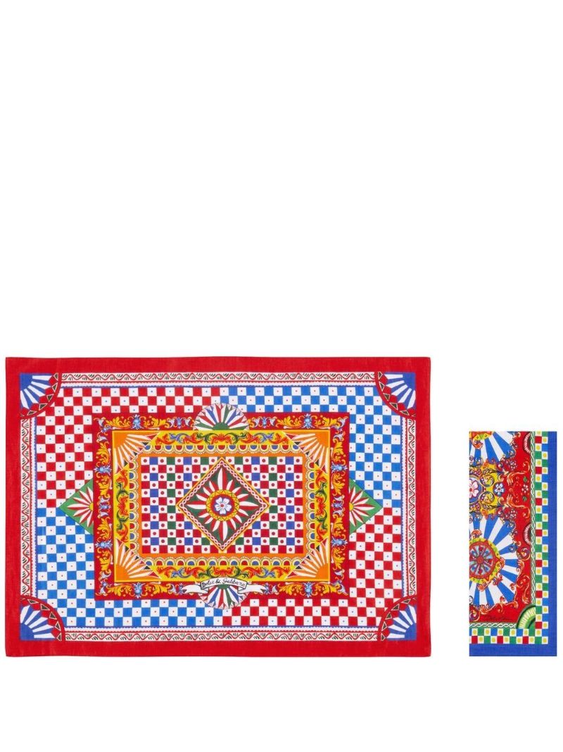 Multicoloured Graphic Print Linen Placemat and Napkin