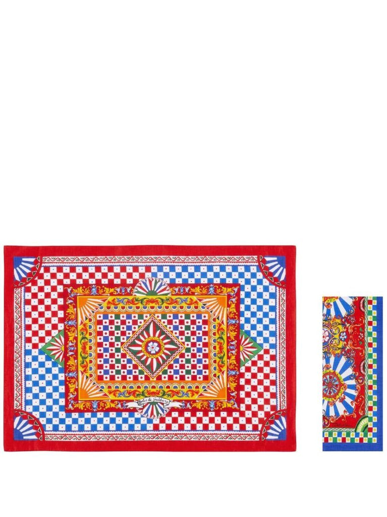 Multicoloured Graphic Print Linen Placemat and Napkin