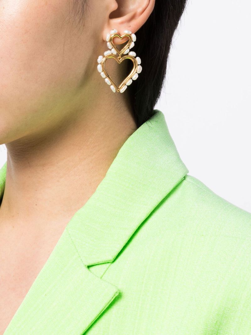 Gold-plated Pearl-embellished Double Heart Hoop Earrings