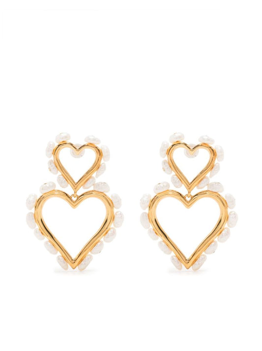 Gold-plated Pearl-embellished Double Heart Hoop Earrings