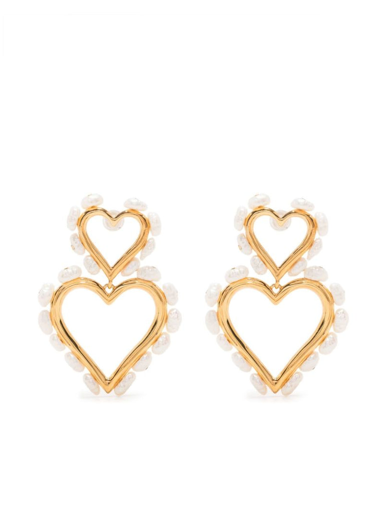 Gold-plated Pearl-embellished Double Heart Hoop Earrings