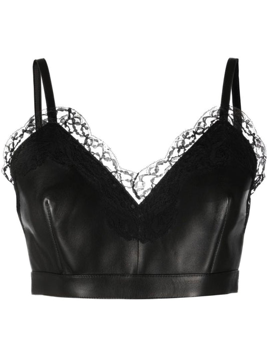 Black Lace-trim Leather Corset Top