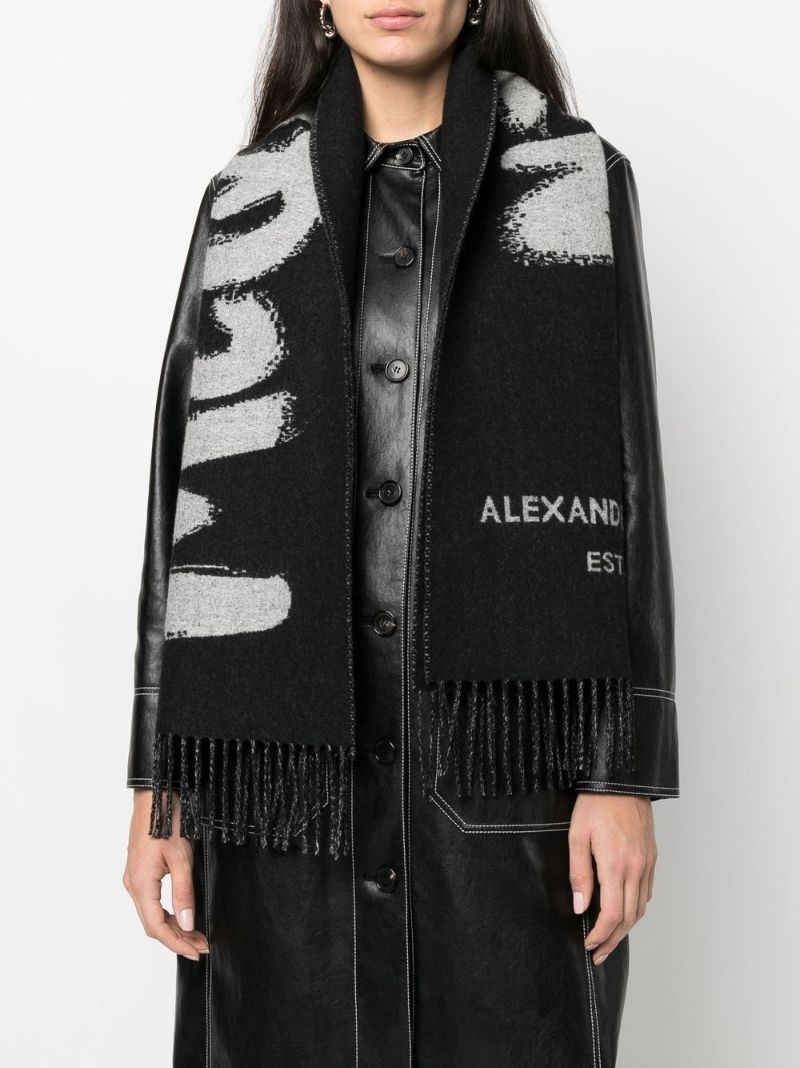 Black Graffiti Logo Print Wool Scarf