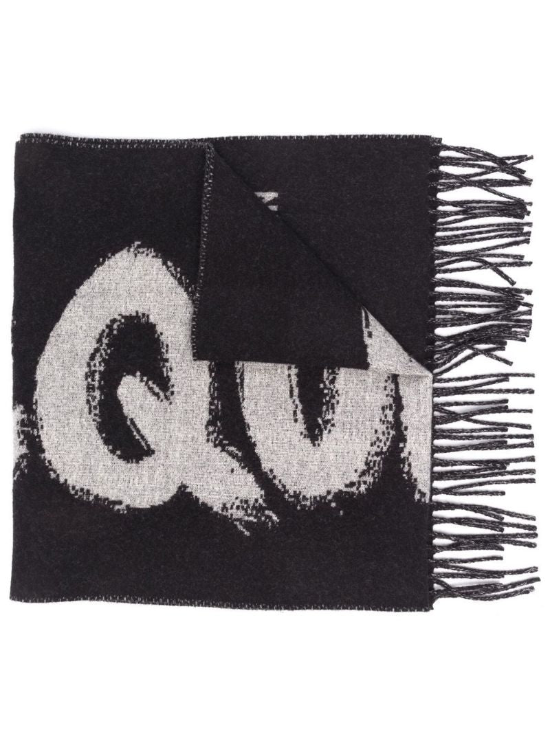 Black Graffiti Logo Print Wool Scarf