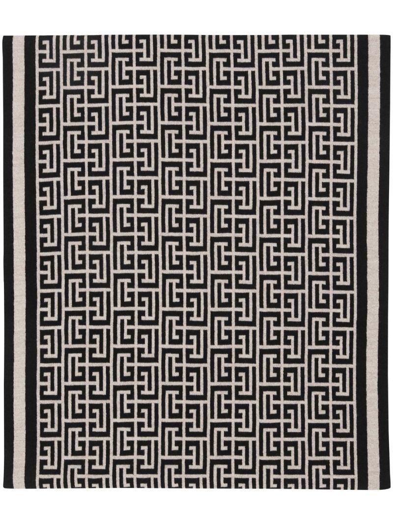White and Black Monogram Print Wool Scarf