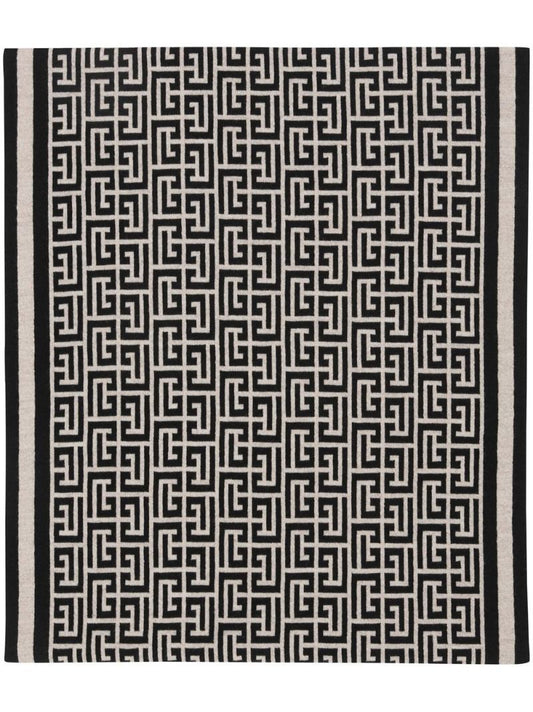 White and Black Monogram Print Wool Scarf