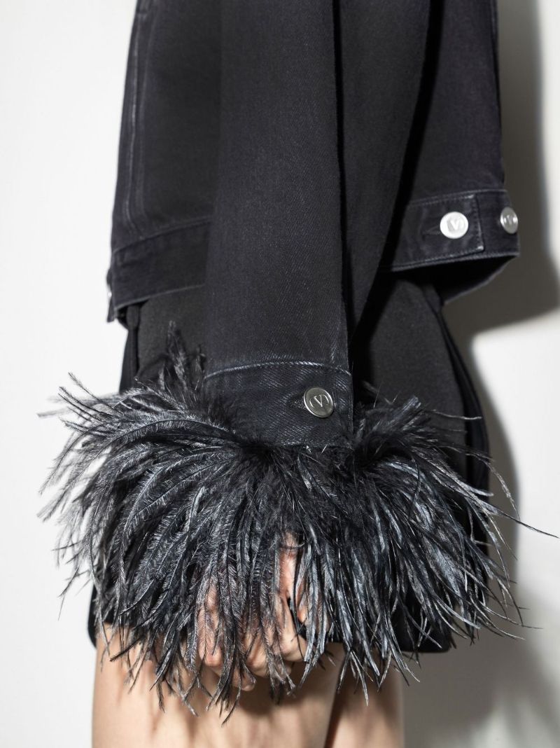 Black Feather Cuff Denim Jacket
