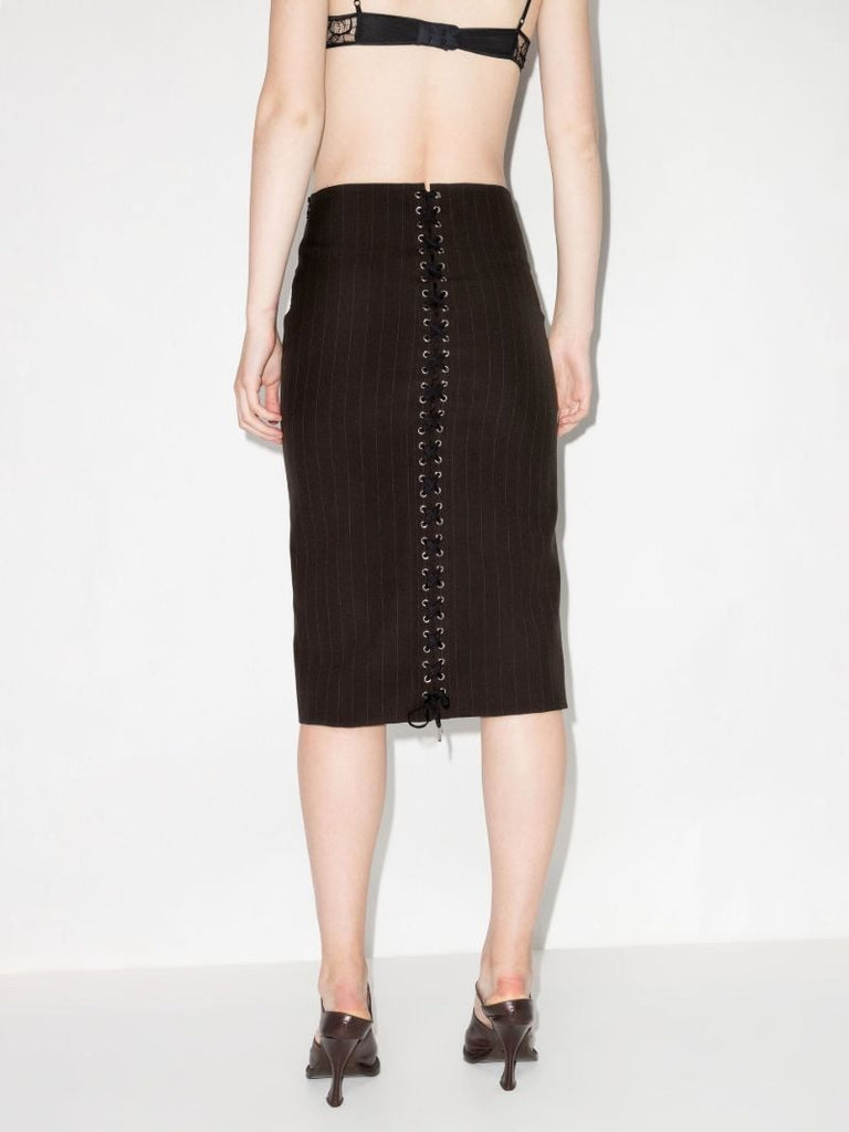 X Lotta Volkova Brown Pinstripe Wool Midi Skirt