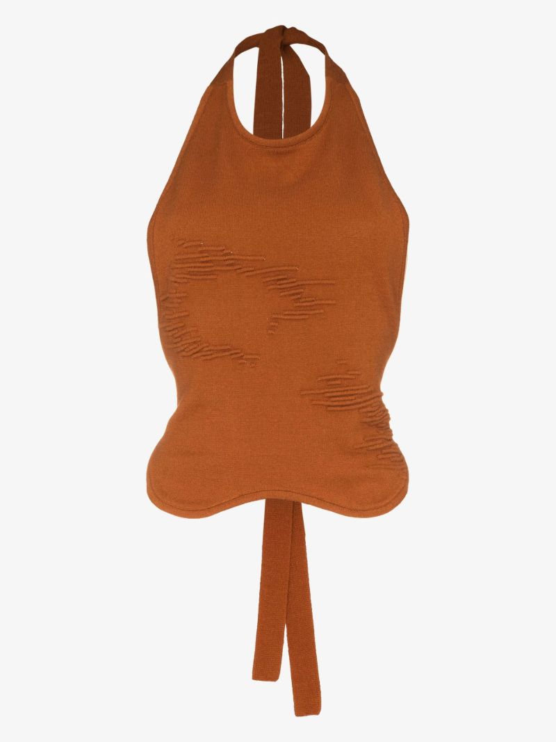 X Browns Focus Brown Muscle Open Back Knitted Top