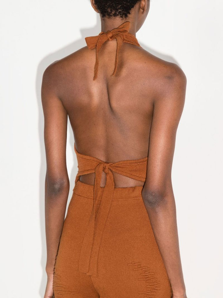 X Browns Focus Brown Muscle Open Back Knitted Top