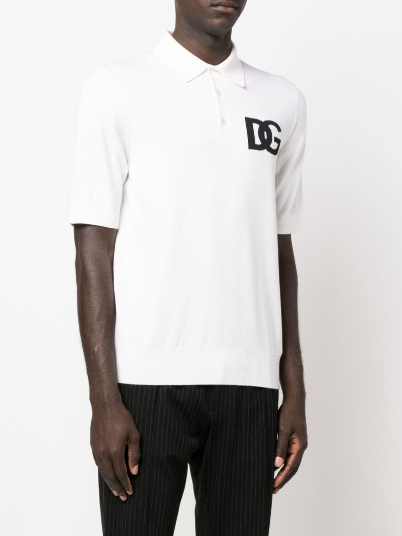 White Jacquard Logo Knitted Wool Polo Shirt