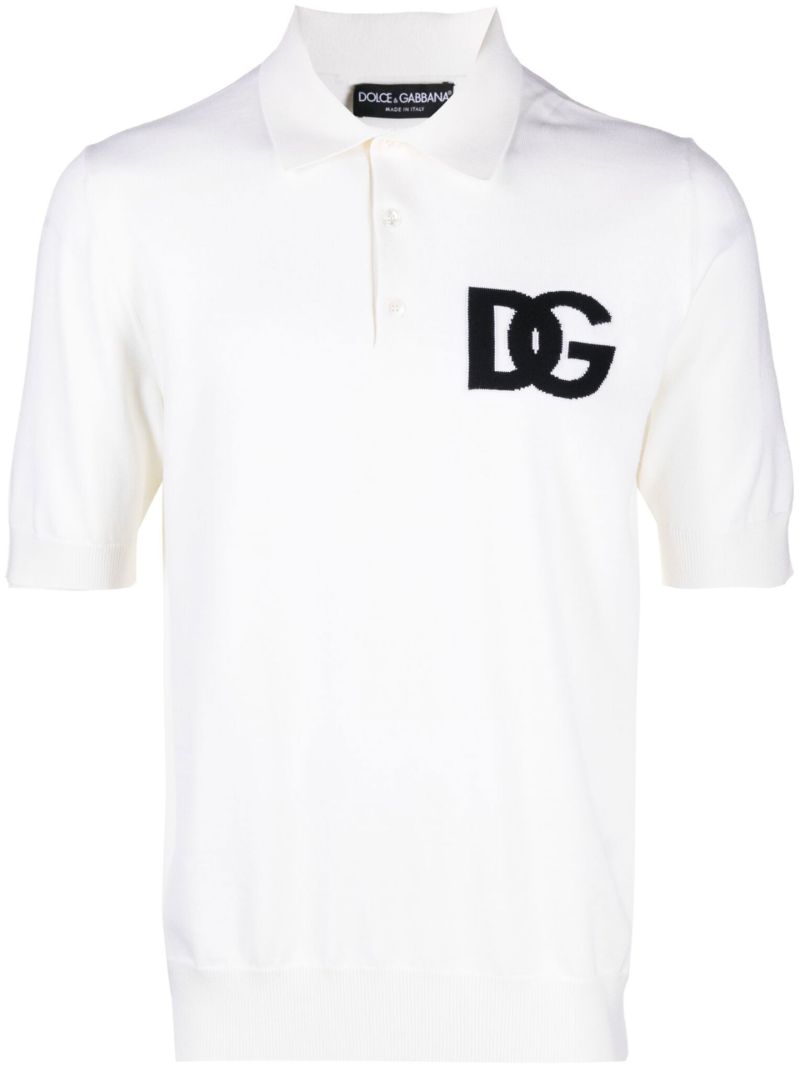 White Jacquard Logo Knitted Wool Polo Shirt