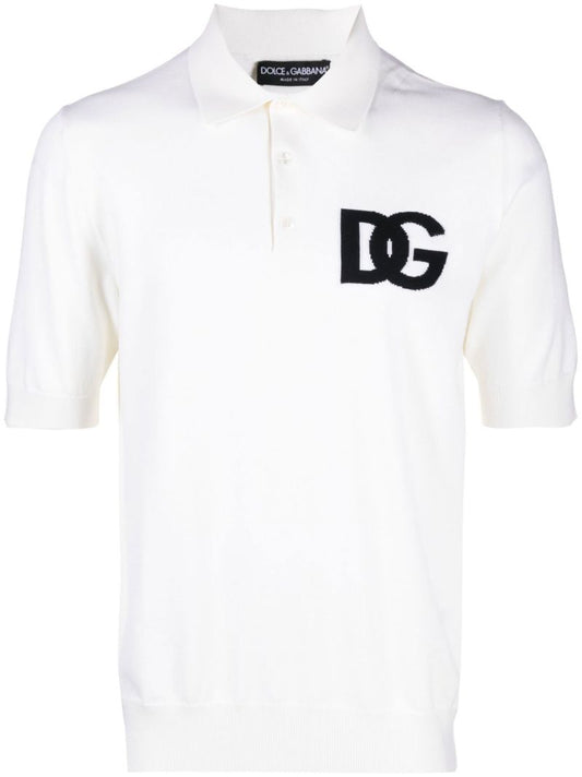 White Jacquard Logo Knitted Wool Polo Shirt