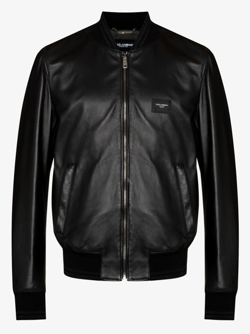 Black Logo Leather Bomber Jacket
