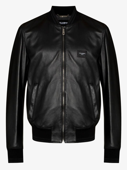 Black Logo Leather Bomber Jacket