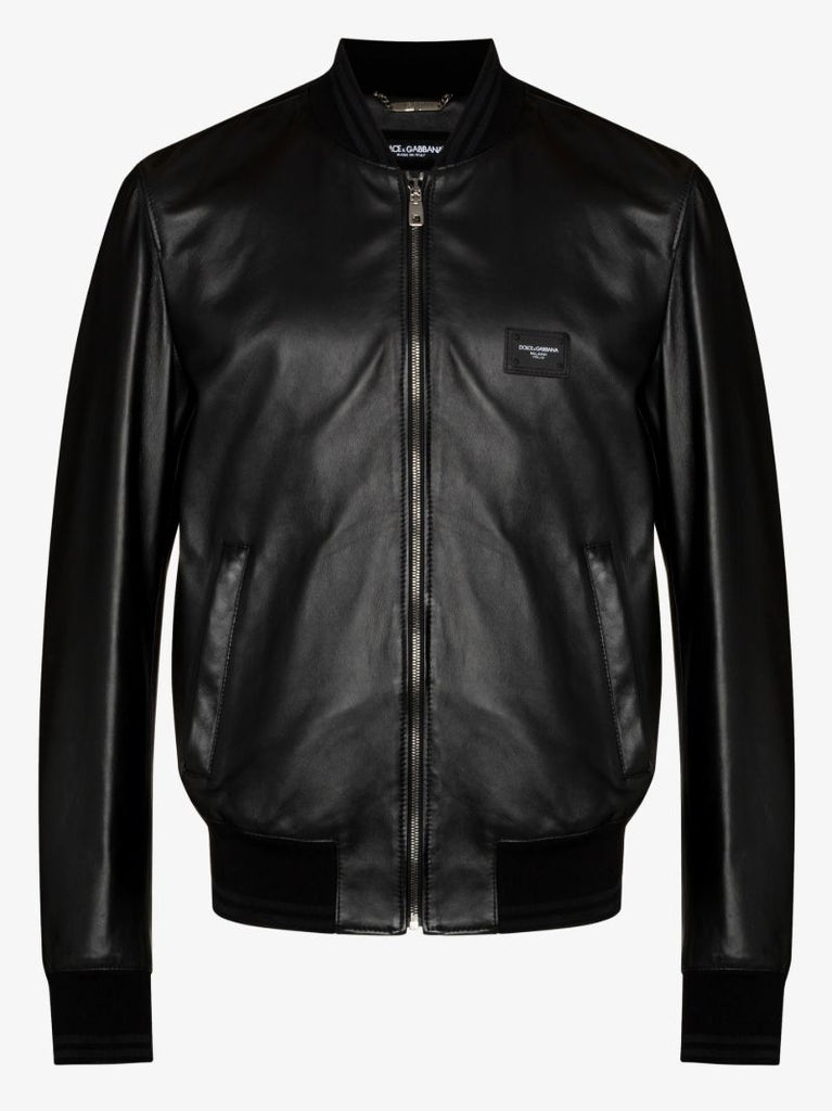 Black Logo Leather Bomber Jacket