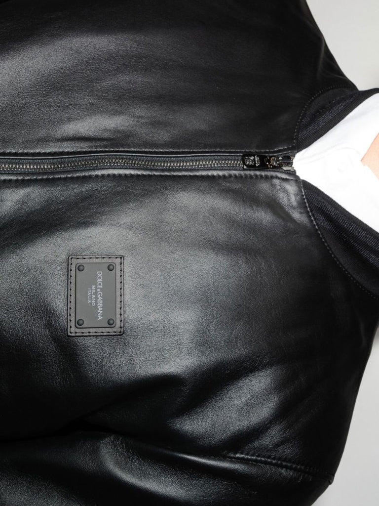 Black Logo Leather Bomber Jacket
