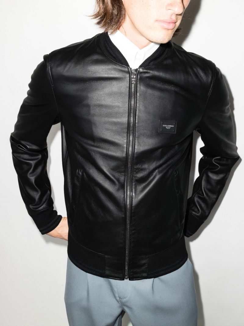 Black Logo Leather Bomber Jacket